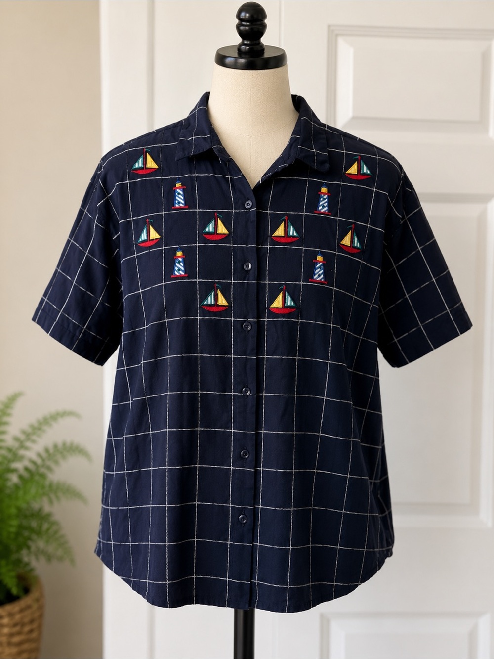 Vintage 90s Nautical Sailboat Lighthouse Embroidered Button Front Shirt L